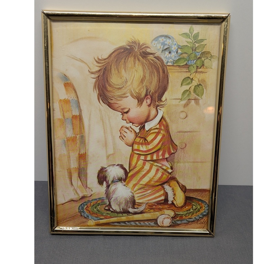 Coby Praying Boy Puppy 8x10 Gold Framed Art Print Vintage Mid Century Decor